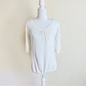 American Rag White Knit 3/4 Sleeve Embroidered Front Boho Tie Blouse